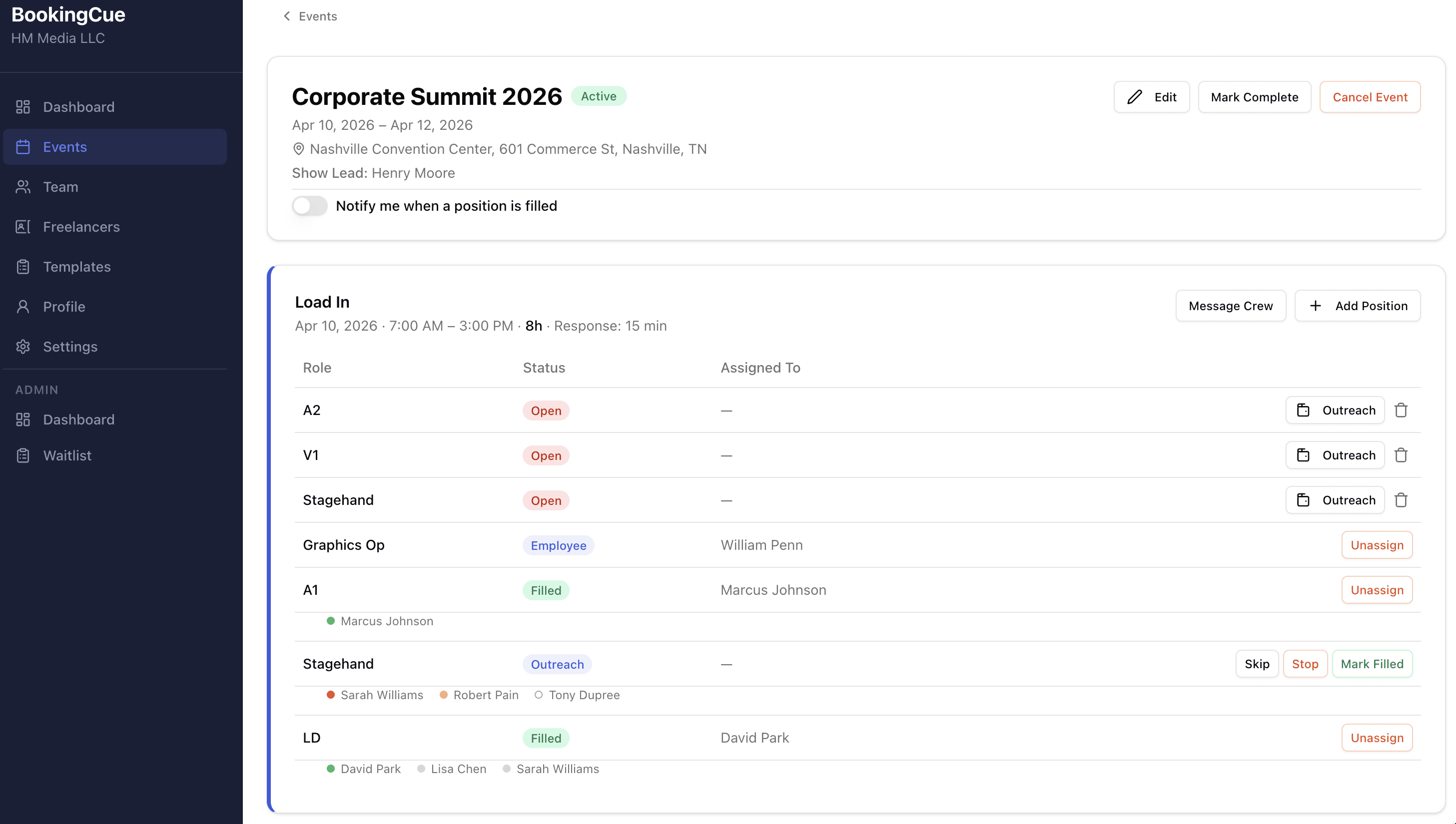 BookingCue event page showing positions and outreach controls